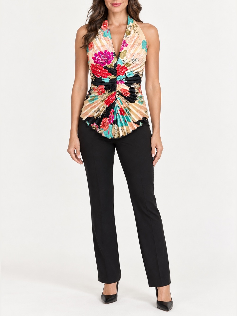 JOSEPH RIBKOFF FLORAL RUCHED HALTER TOP | SIZE 10